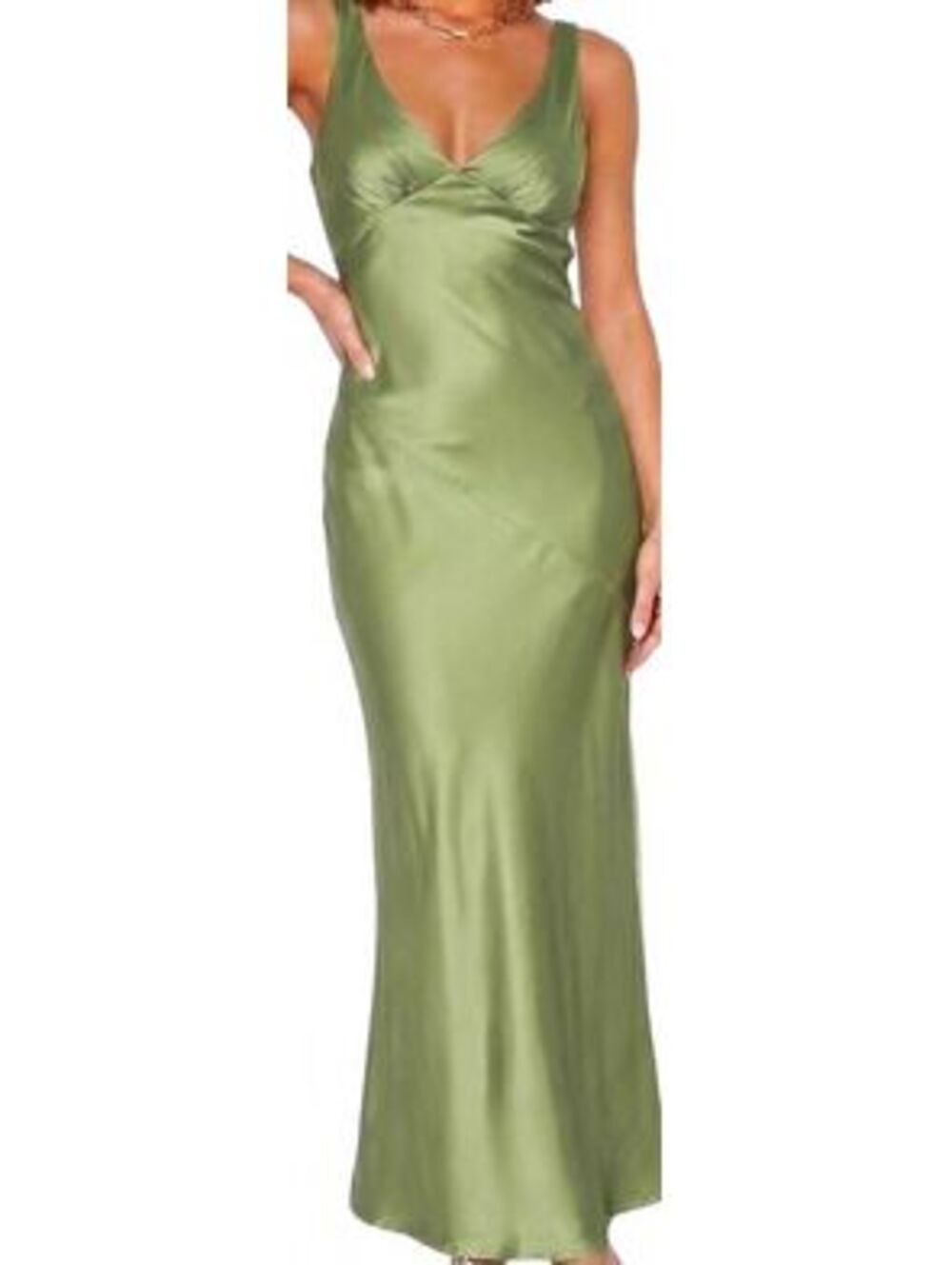 VUBIYA Women's Sage Green Olive Satin Maxi Dress Back Tie Wedding Party Size S
